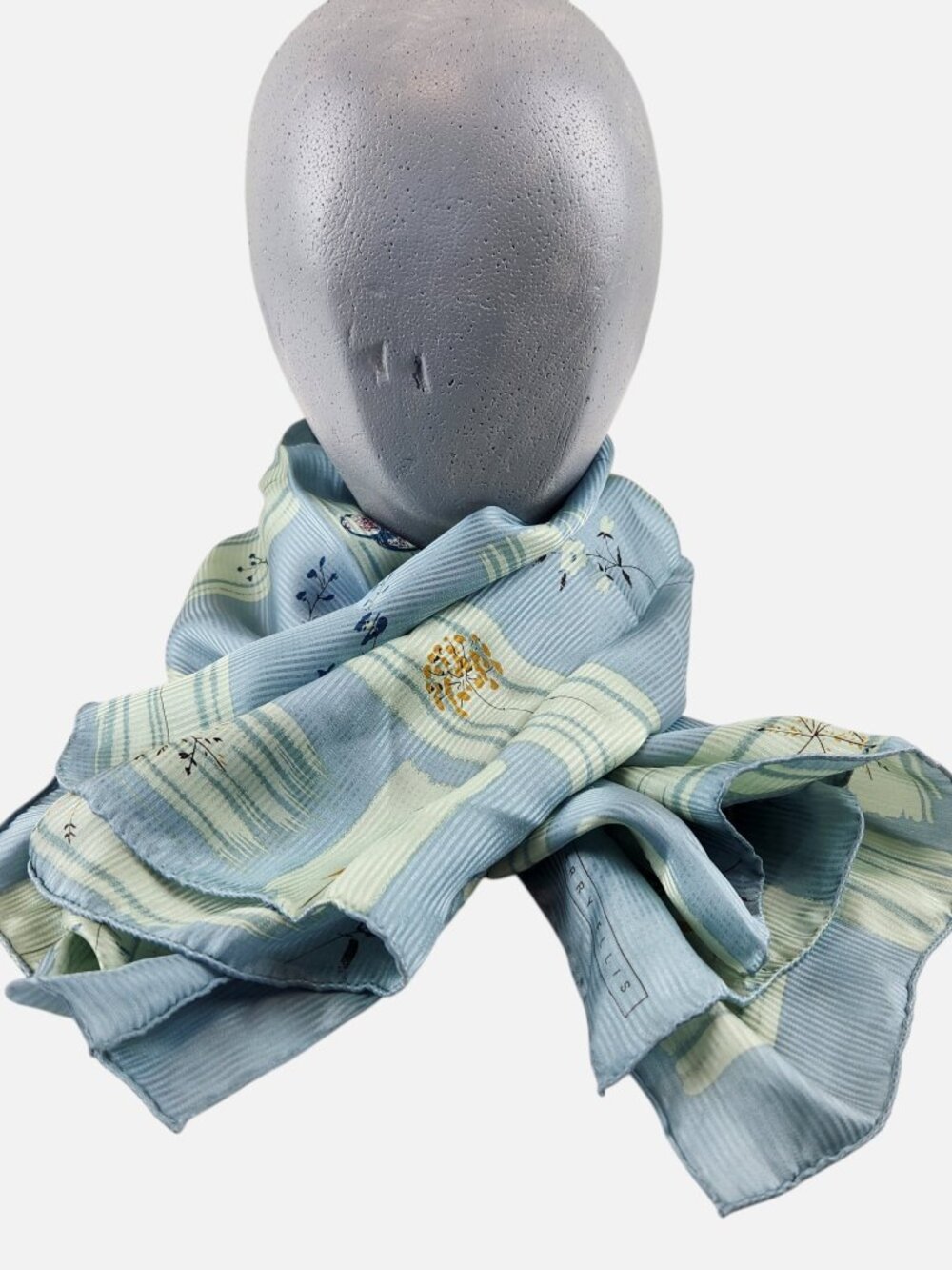 Perry Ellis Silk Scarf Square 34x34" Botanicals Blue Green Cream Hand Rolled VTG